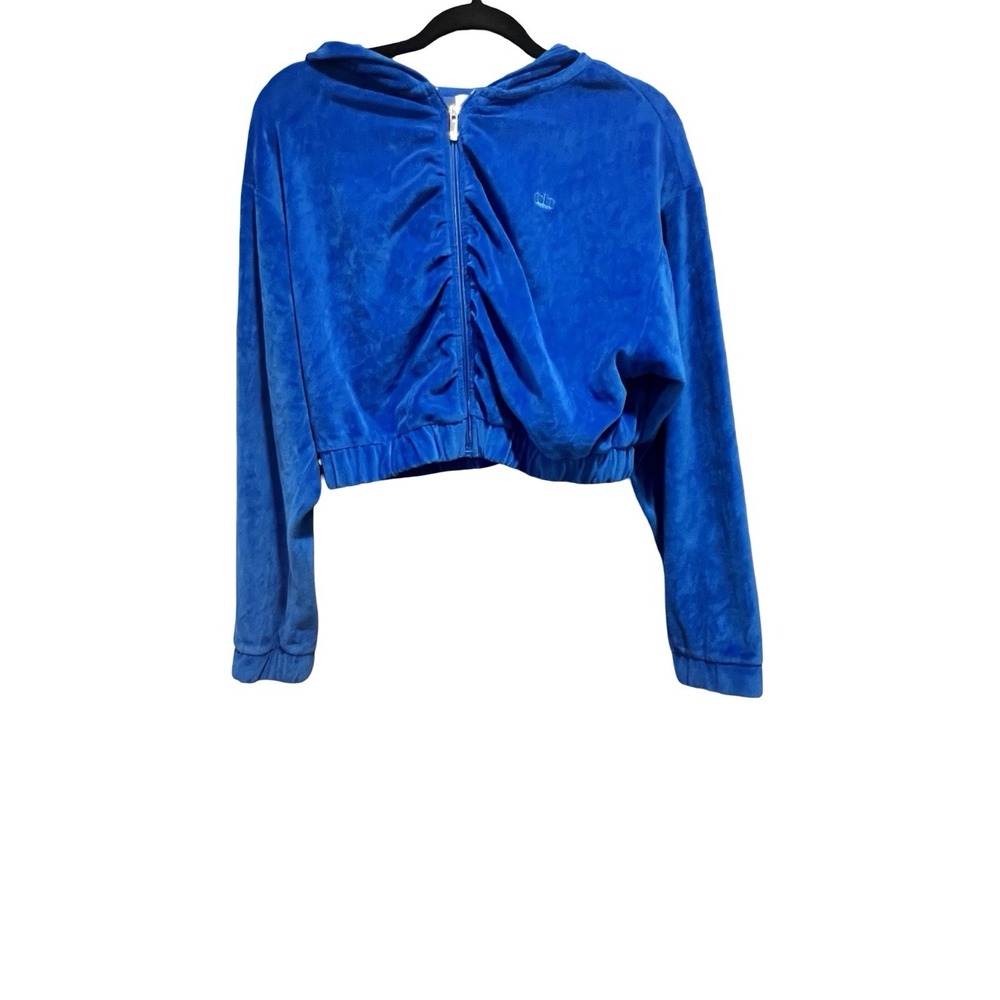 Juicy‎ Couture Blue Velour Rouched Zip Front Cropped Hooded Jacket Womens Size M